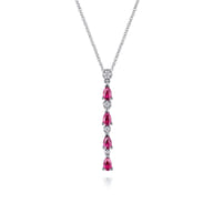 14K White Gold Diamond and Pear Ruby Vertical Bar Necklace