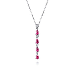 14K White Gold Diamond and Pear Ruby Vertical Bar Necklace