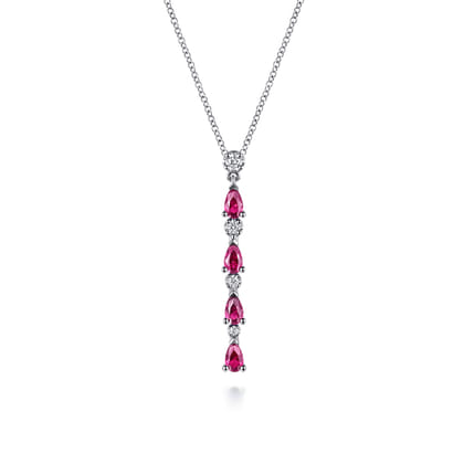 14K White Gold Diamond and Pear Ruby Vertical Bar Necklace