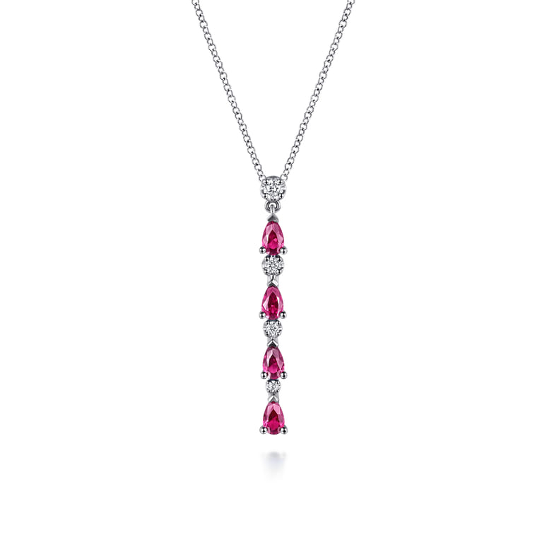 14K White Gold Diamond and Pear Ruby Vertical Bar Necklace - 0.15 ct - Shot 1