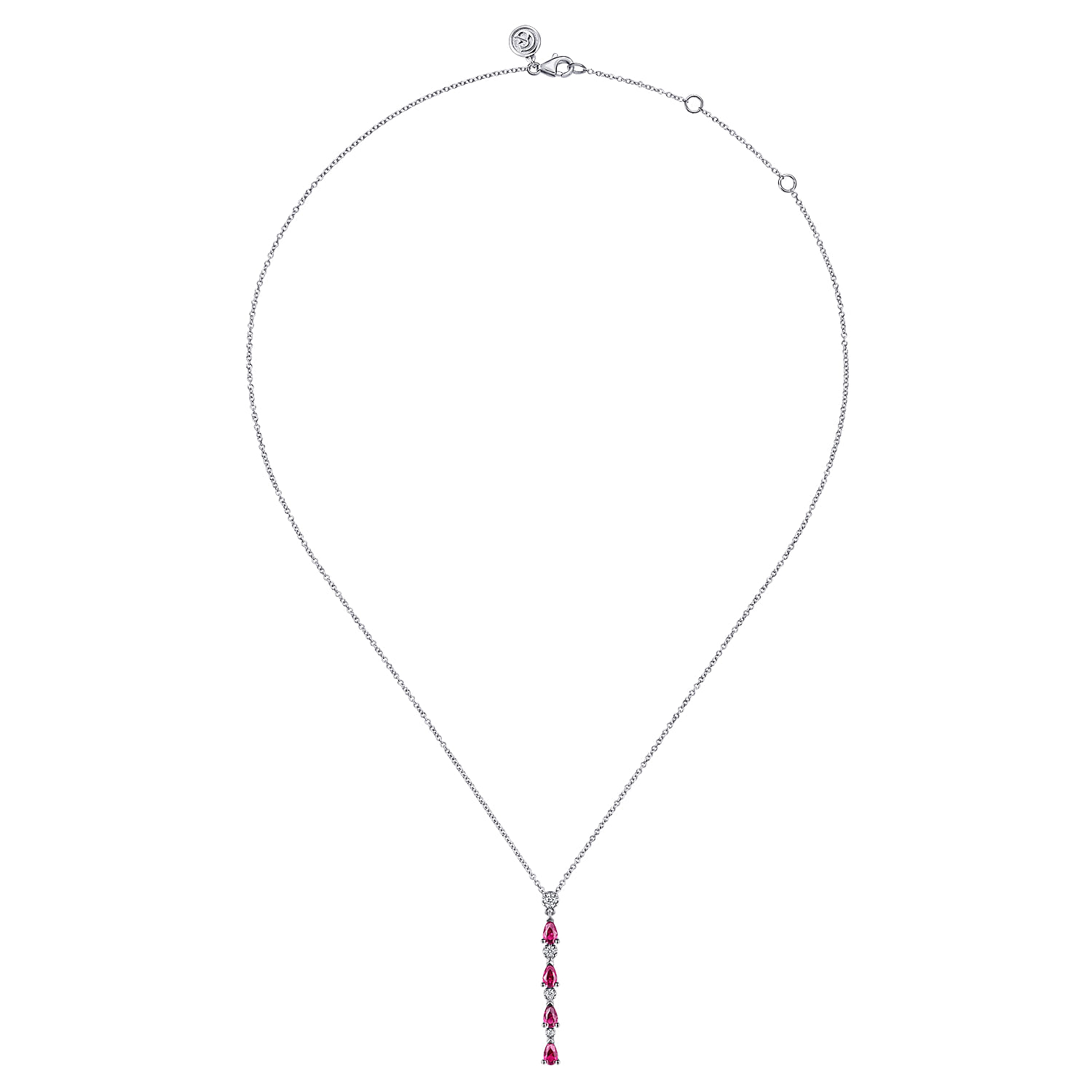 14K White Gold Diamond and Pear Ruby Vertical Bar Necklace