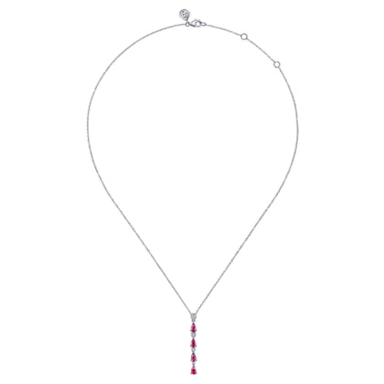 14K White Gold Diamond and Pear Ruby Vertical Bar Necklace