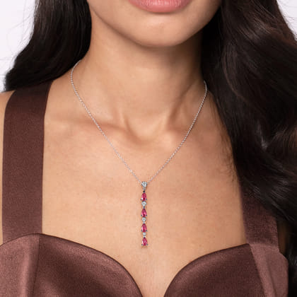 14K White Gold Diamond and Pear Ruby Vertical Bar Necklace