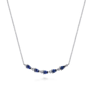 14K White Gold Diamond and Pear Sapphire Bar Necklace