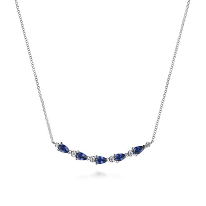 14K White Gold Diamond and Pear Sapphire Bar Necklace