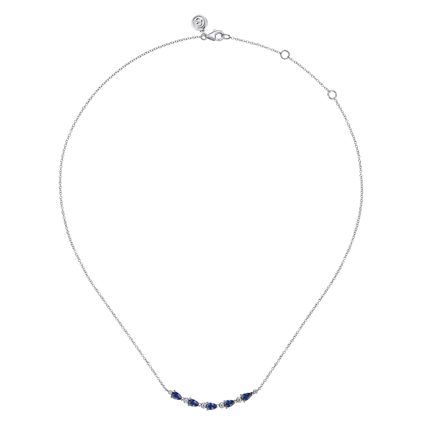 14K White Gold Diamond and Pear Sapphire Bar Necklace