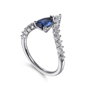 14K White Gold Diamond and Pear Sapphire Chervon Ladies Ring