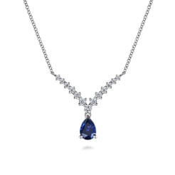 14K White Gold Diamond and Pear Sapphire Chervon Necklace