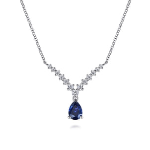 14K White Gold Diamond and Pear Sapphire Chervon Necklace
