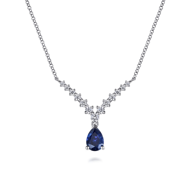 14K White Gold Diamond and Pear Sapphire Chervon Necklace - 0.35 ct - Shot 1