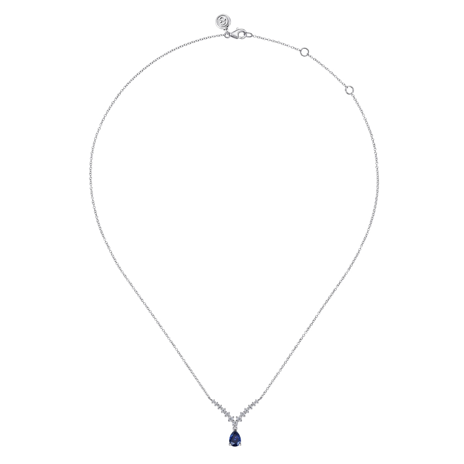14K White Gold Diamond and Pear Sapphire Chervon Necklace