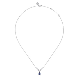 14K White Gold Diamond and Pear Sapphire Chervon Necklace