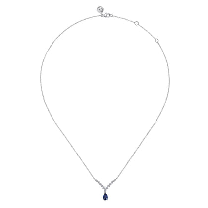 14K White Gold Diamond and Pear Sapphire Chervon Necklace