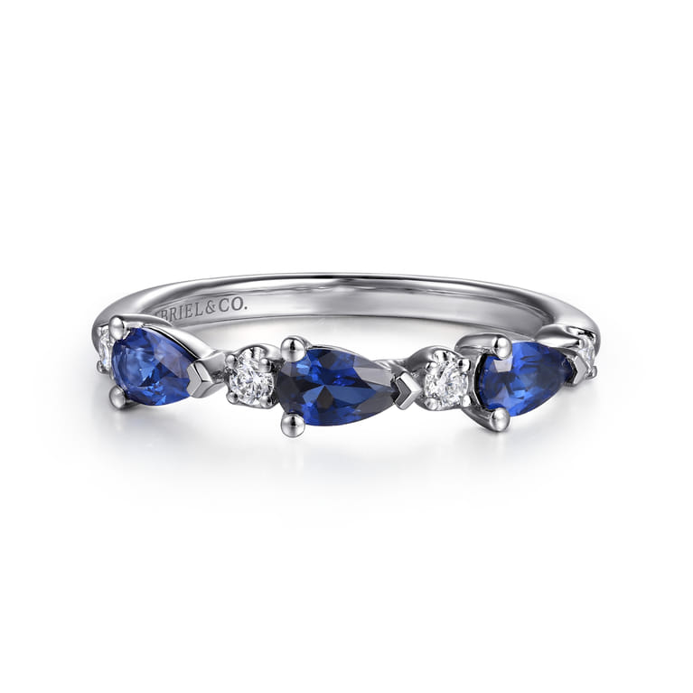 14K White Gold Diamond and Pear Sapphire Ladies Ring - 0.1 ct - Shot 1