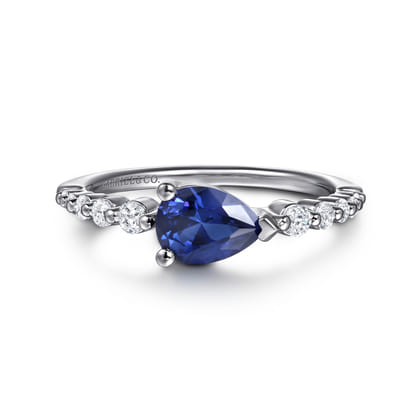 14K White Gold Diamond and Pear Sapphire Ring