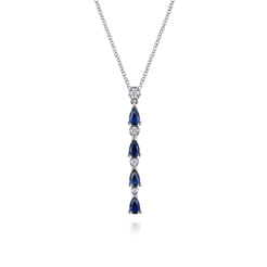 14K White Gold Diamond and Pear Sapphire Vertical Bar Necklace