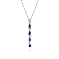 14K White Gold Diamond and Pear Sapphire Vertical Bar Necklace