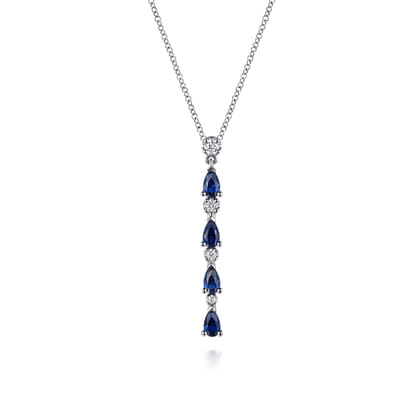 14K White Gold Diamond and Pear Sapphire Vertical Bar Necklace