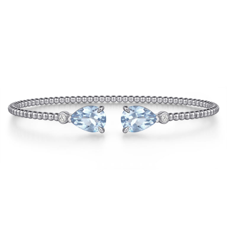 14K White Gold Diamond and Pear Shape Aquamarine Bujukan Bangle - 0.07 ct - Shot 1