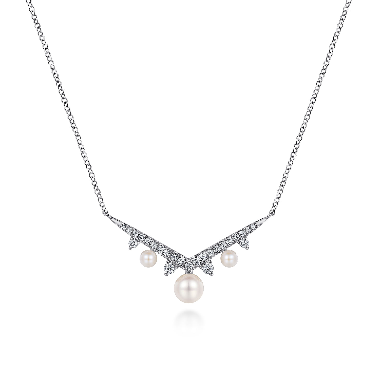 14K White Gold Diamond and Pearl Chevron Necklace