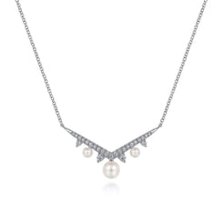 14K White Gold Diamond and Pearl Chevron Necklace
