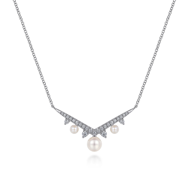 14K White Gold Diamond and Pearl Chevron Necklace - 0.25 ct - Shot 1