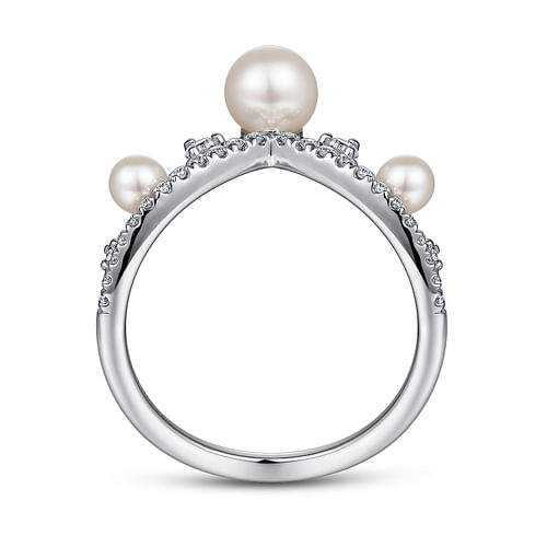 14K White Gold Diamond and Pearl Curved Ring - 0.25 ct - Shot 2