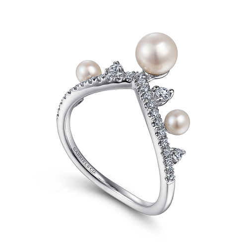 14K White Gold Diamond and Pearl Curved Ring - 0.25 ct - Shot 3
