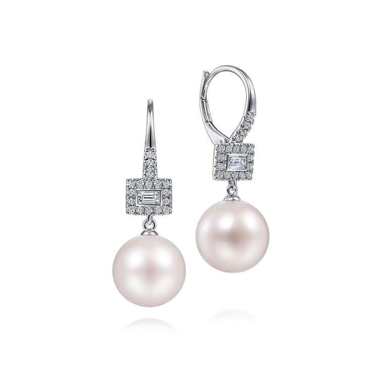 14K White Gold Diamond and Pearl Drop Earrings - 0.3 ct - Shot 1