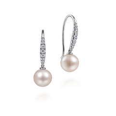 14K White Gold Diamond and Pearl Fish Wire Drop Earrings