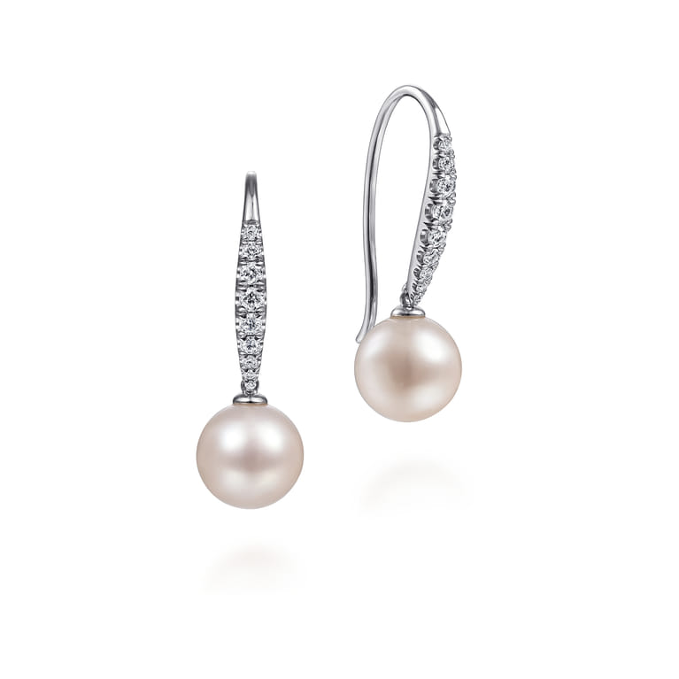 14K White Gold Diamond and Pearl Fish Wire Drop Earrings - 0.3 ct - Shot 1