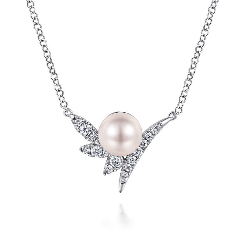 14K White Gold Diamond and Pearl Necklace - 0.32 ct - Shot 1