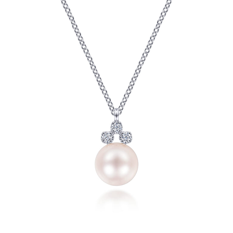 14K White Gold Diamond and Pearl Pendant Necklace - 0.08 ct - Shot 1