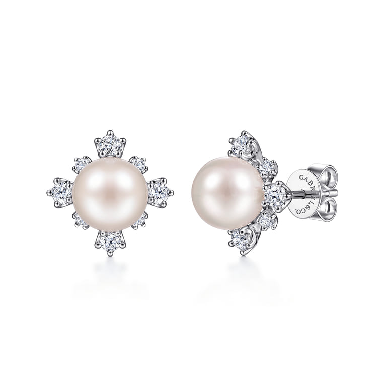 14K White Gold Diamond and Pearl Stud Earrings - 2.05 ct - Shot 1