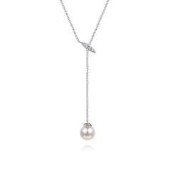 14K White Gold Diamond and Pearl Y Knot Necklace