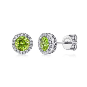 14K White Gold Diamond and Peridot Halo Stud Earrings