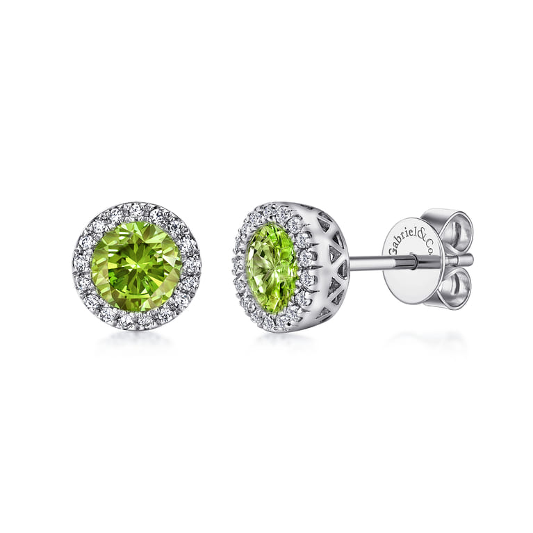 14K White Gold Diamond and Peridot Halo Stud Earrings - 0.1 ct - Shot 1