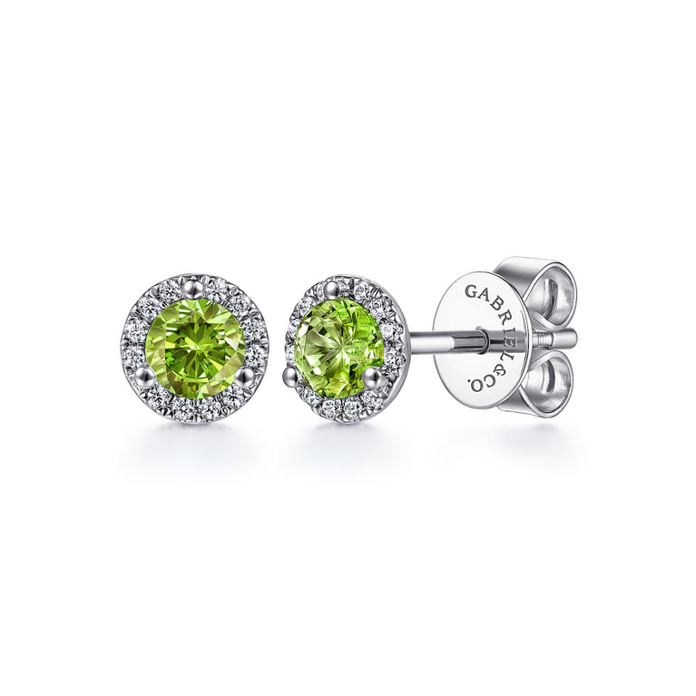 14K White Gold Diamond and Peridot Stud Earrings - 0.09 ct - Shot 1