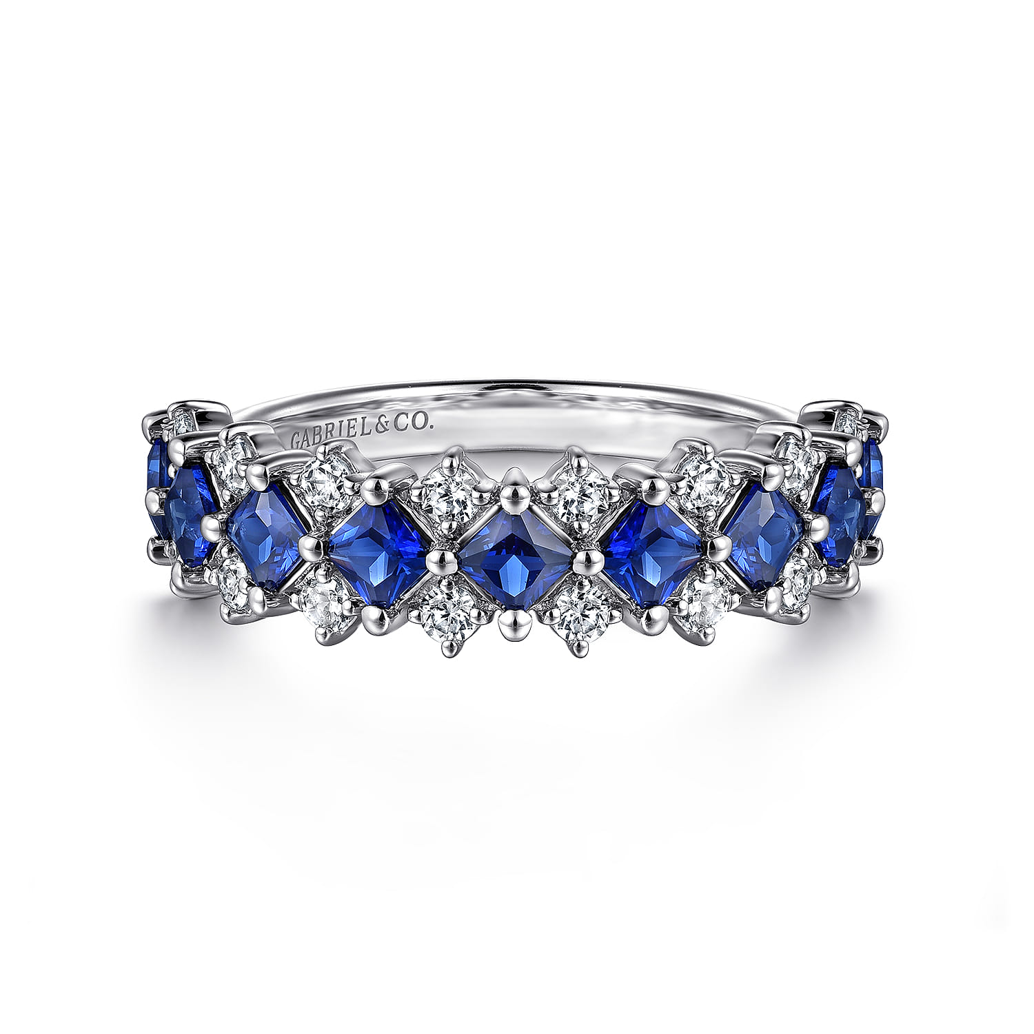 14K White Gold Diamond and Princess Cut Blue Sapphire Wide Band Ring - 0.35 ct - Shot 1