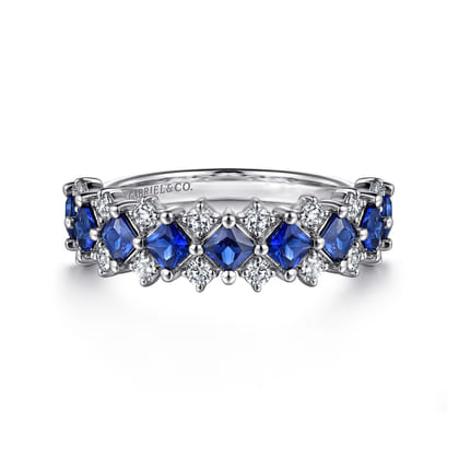 14K White Gold Diamond and Princess Cut Blue Sapphire Wide Band Ring