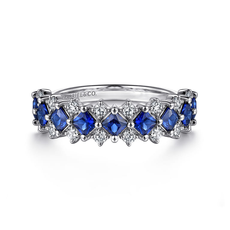 14K White Gold Diamond and Princess Cut Blue Sapphire Wide Band Ring - 0.35 ct - Shot 1