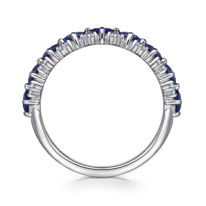 14K White Gold Diamond and Princess Cut Blue Sapphire Wide Band Ring