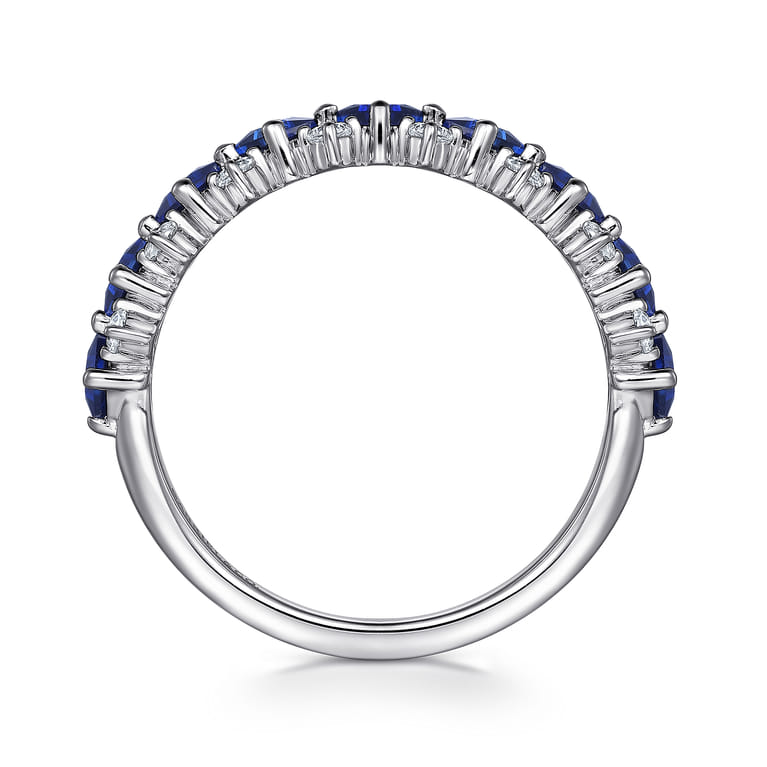 14K White Gold Diamond and Princess Cut Blue Sapphire Wide Band Ring - 0.35 ct - Shot 2