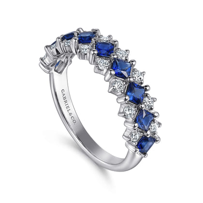 14K White Gold Diamond and Princess Cut Blue Sapphire Wide Band Ring