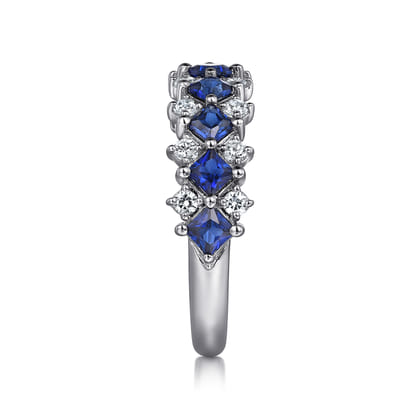 14K White Gold Diamond and Princess Cut Blue Sapphire Wide Band Ring