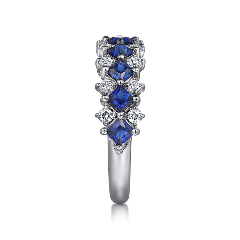 14K White Gold Diamond and Princess Cut Blue Sapphire Wide Band Ring - 0.35 ct - Shot 4