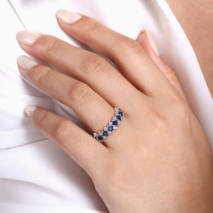 14K White Gold Diamond and Princess Cut Blue Sapphire Wide Band Ring