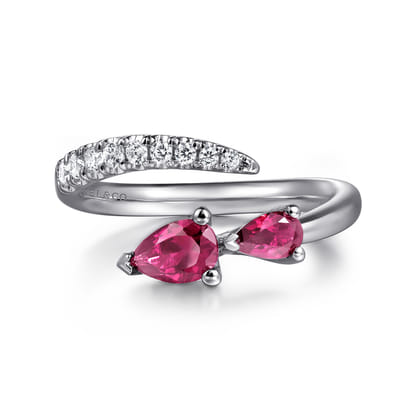 14K White Gold Diamond and Ruby Bypass Ring