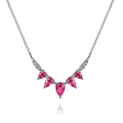 14K White Gold Diamond and Ruby Chevron Bar Necklace