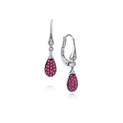 14K White Gold Diamond and Ruby Cluster Drop Earrings